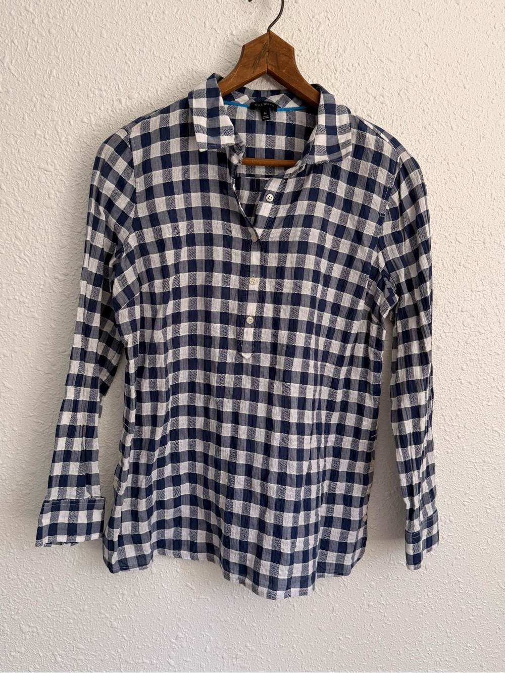 Talbots blue & white gingham  check 1/4 button tunic top M